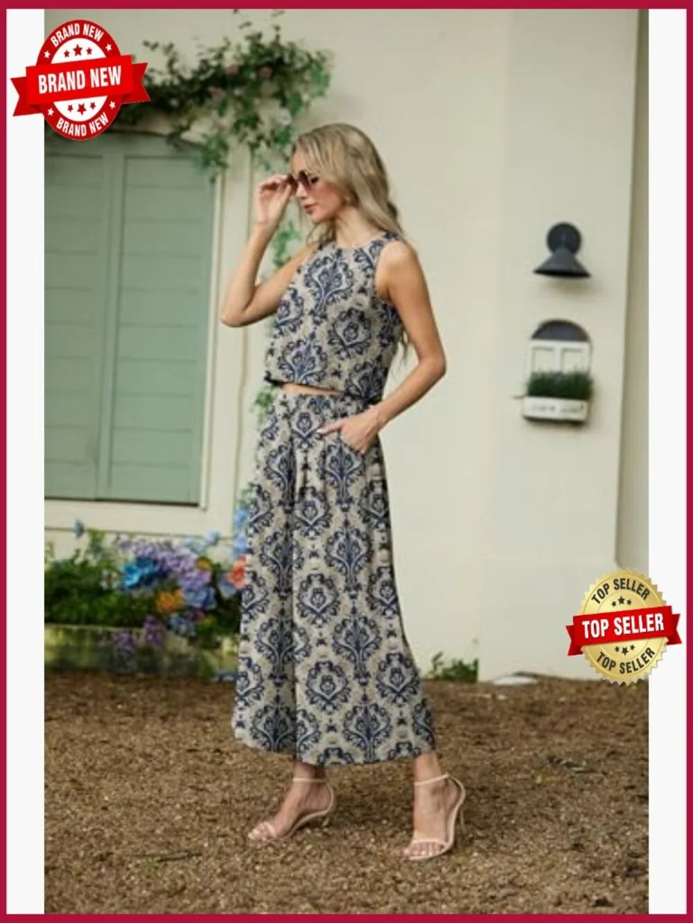 Sleeveless Crop Top & Wide Leg Pants Matching Set 2 Piece Outfit